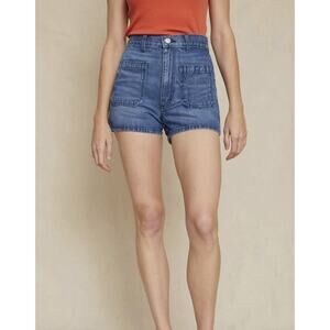 AMO Blue Denim High Rise Patch Pocket Jean Shorts Size 24